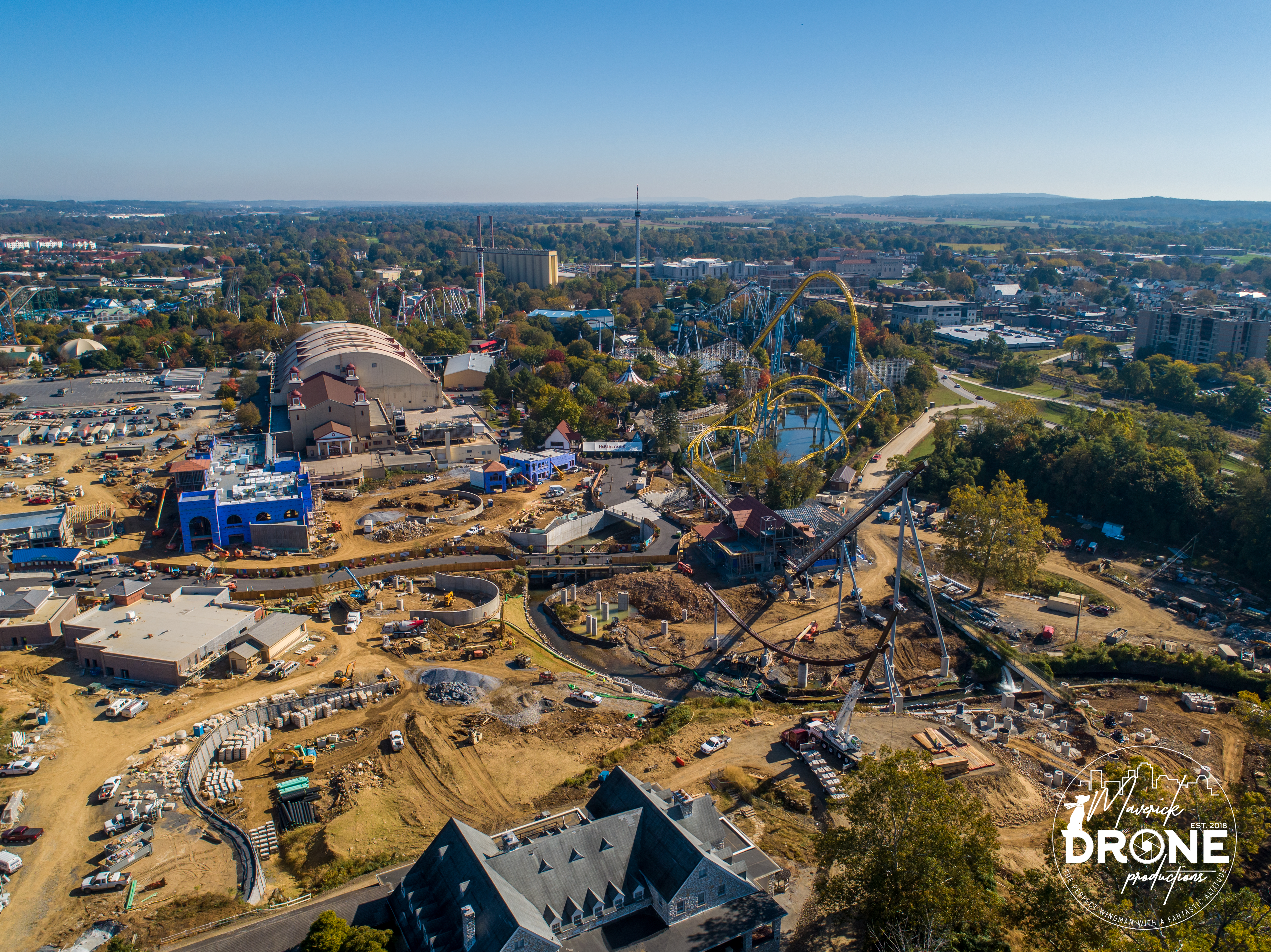 HersheyPark Candymonium aerial construction, aerial construction, drone pilot harrisburg, aerial harrisburg, construction aerial photo, roller coaster under construction, drone roof